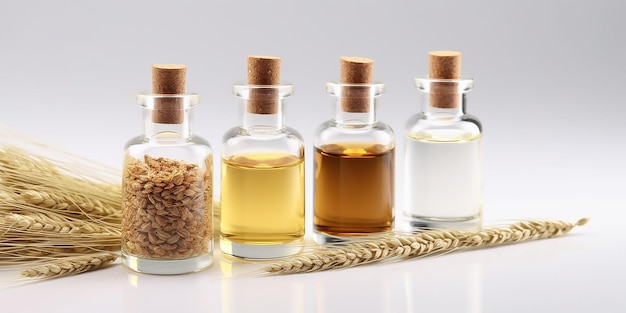 A row of bottles of oil with wheat ears in the background.