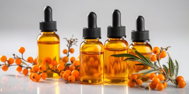 A row of bottles of orange sea buckthorn oil with orange berries on the top.