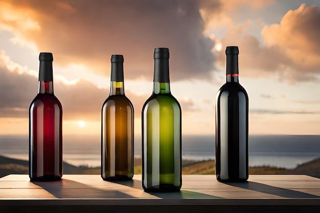 A row of bottles of wine with a sunset in the background