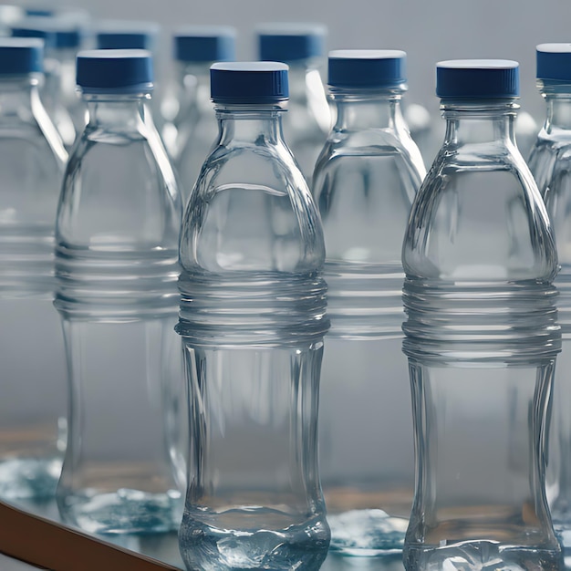 a row of bottles with the blue caps on them