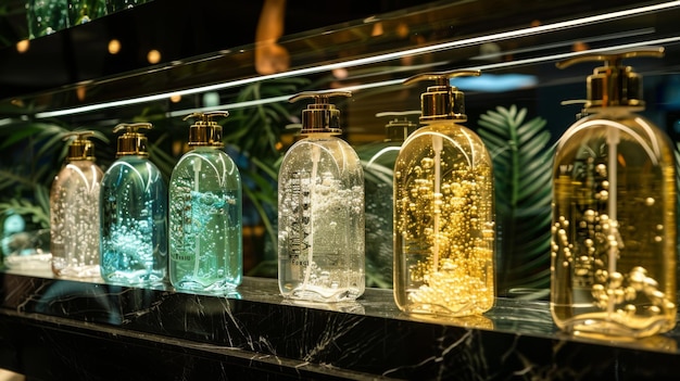 a row of bottles with different colored bottles of palm trees