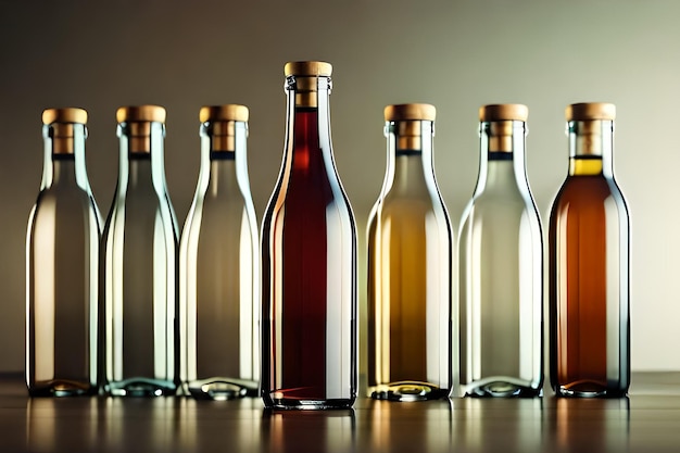 a row of bottles with different colored labels, one with a gold cap.