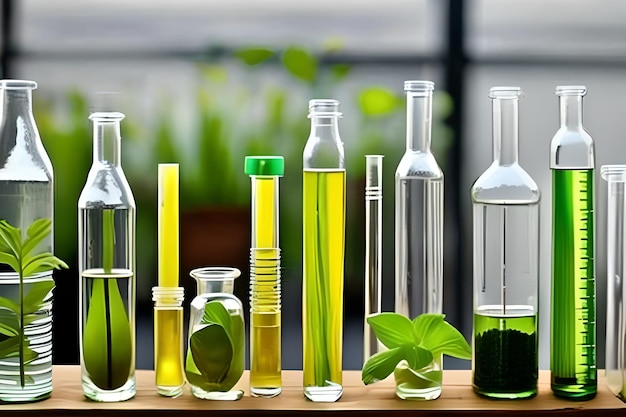 A row of bottles with green liquid and a green bottle with a leaf of a plant in the middle.