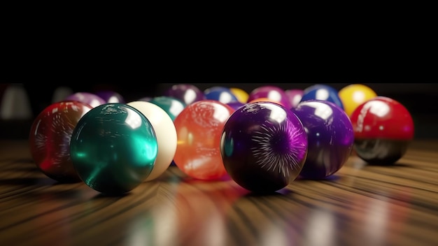 A row of bowling balls on a table