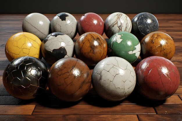 a row of bowling balls with a number of numbers on them.