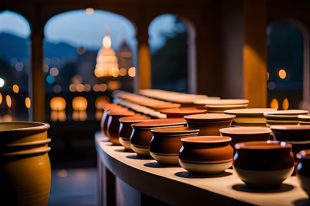 A row of bowls are lined up on a table with a view of the city in the background