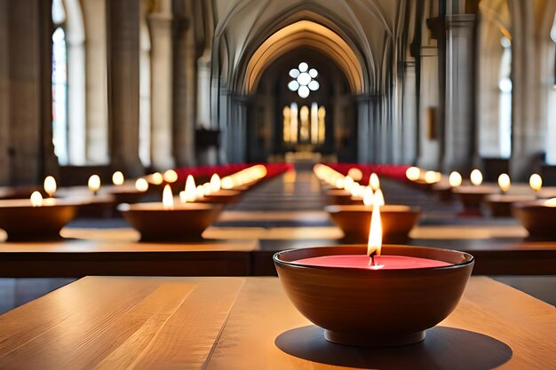 Photo a row of bowls with candles in them are lit up.