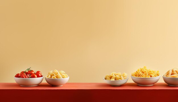 Photo a row of bowls with different colored pasta and tomatoes