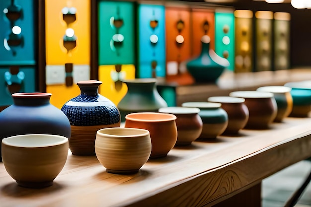 A row of bowls with one that says pottery