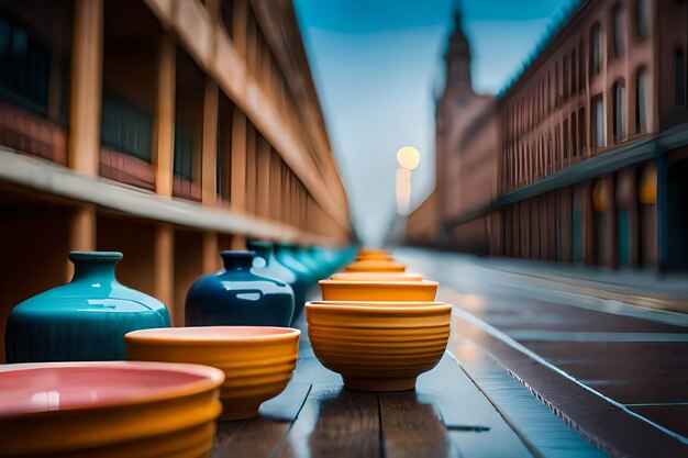 a row of bowls on a wooden platform with the word " on the bottom. "