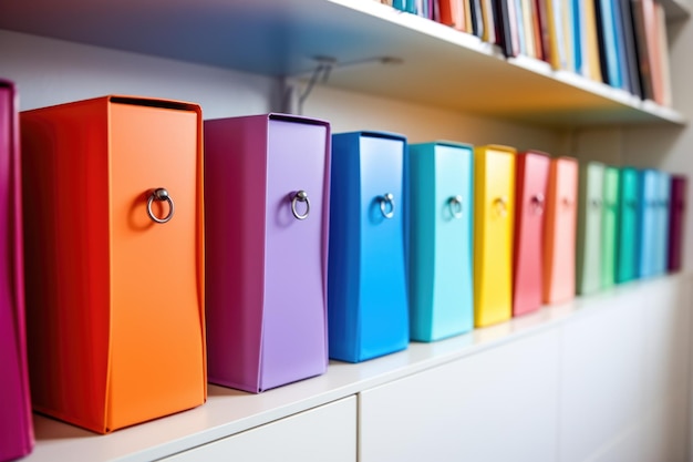 A row of brightly colored binders on a white shelf