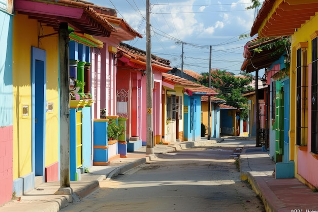 A row of brightly colored houses on a street