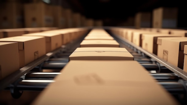 Row of brown boxes on conveyor belt against boxes in warehouse production Generative AI