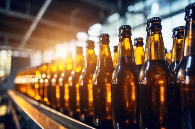 Row of brown glass beer bottles being processed in a factory Generative Ai