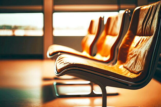 A row of brown leather chair near large window in waiting room