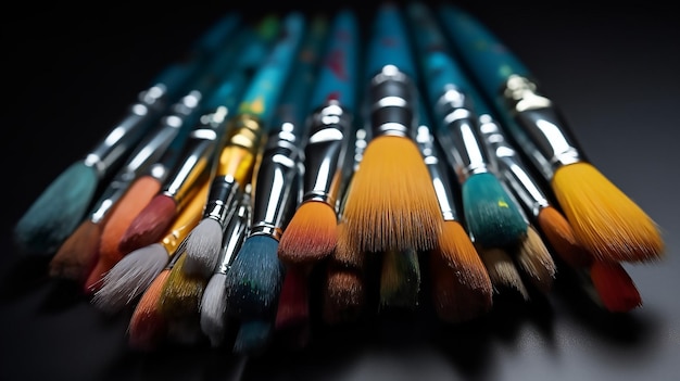 A row of brushes with different colors and the word art on them.