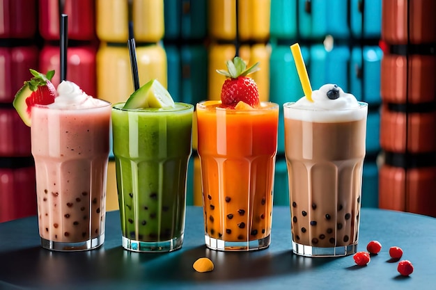 A row of bubble tea cups with different flavors