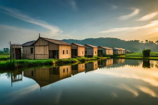 a row of buildings with a reflection of a mountain in the water.