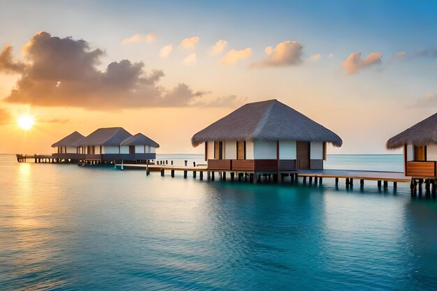 A row of bungalows on the water with the sun setting behind them