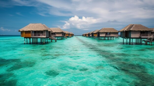 A row of bungalows in the water with the word paradise on the bottom.