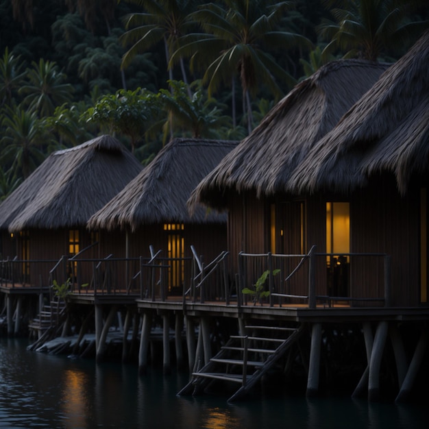 A row of bungalows with thatched roofs are lit up at night.