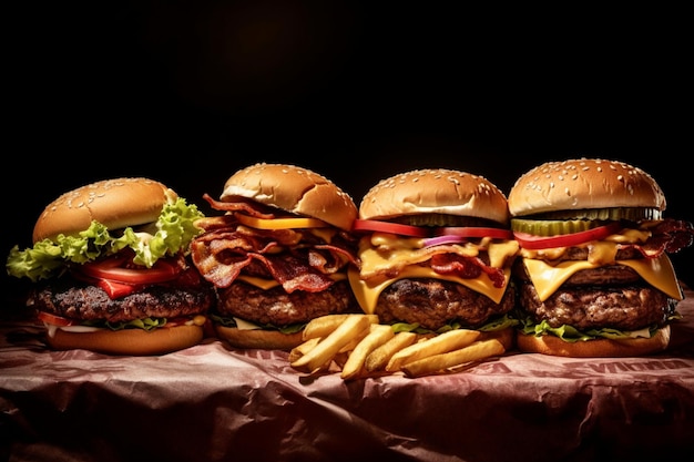 A row of burgers with different toppings on them.