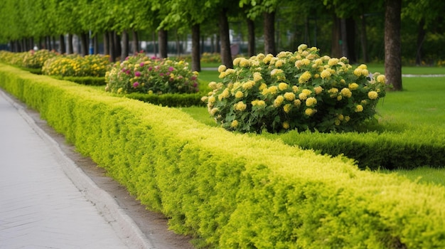 A row of bushes with yellow flowers in the middle and a green hedge with a row of trees in the background.