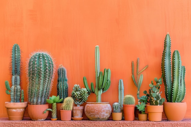 A row of cacti and succulents are arranged in a row on a wall