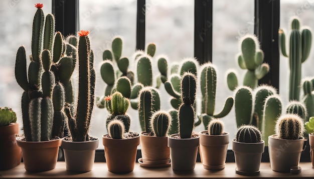 a row of cactus are on a window sill