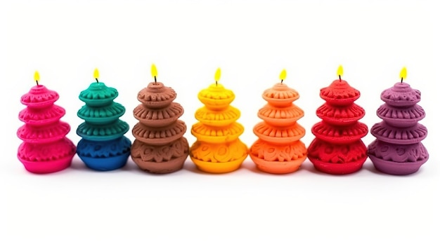 A row of candles with different colors and one that says diwali