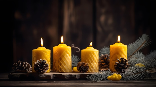 A row of candles with pine cones on the top