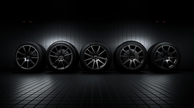 row of car tires on dark background