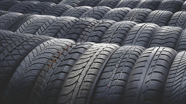 Row of car tires with a profile close up