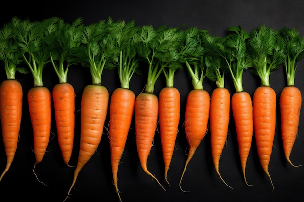 A row of carrots with green tops and the top one has a green leaf