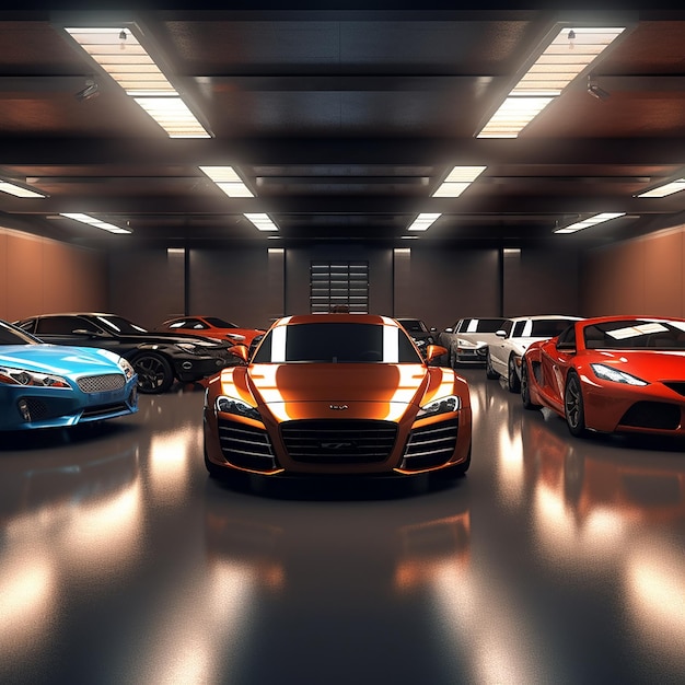 A row of cars are lined up in a garage with one that says audi.