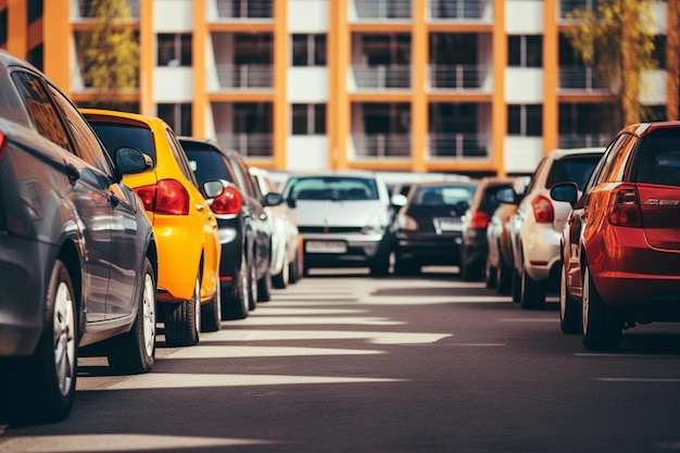 Photo a row of cars are lined up on a street with a building in the background