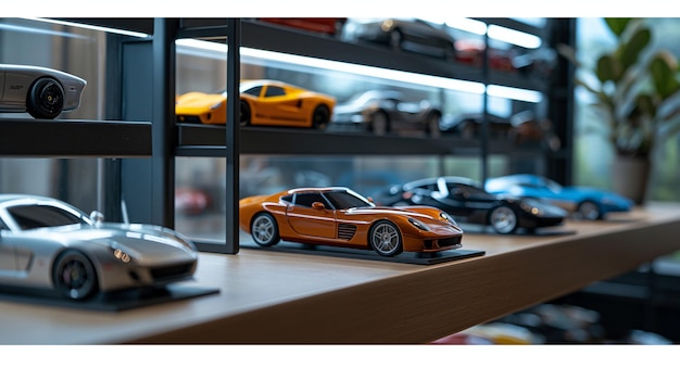 a row of cars are on a shelf with a yellow car