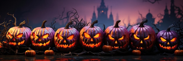 A Row Of Carved Pumpkins Sitting In Front Of A Castle Carved Pumpkins Castle Halloween Decorations Harvest Design