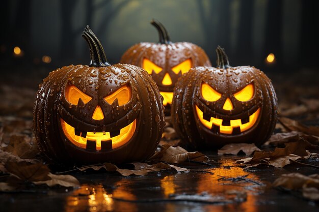 a row of carved pumpkins with carved faces on the top.