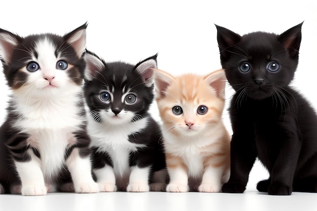 Photo row of cats kittens sitting on white background in studio and facing camera generative ai