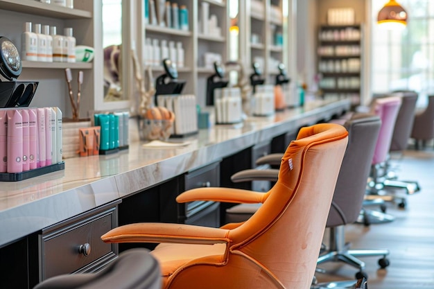 a row of chairs in a hair salon