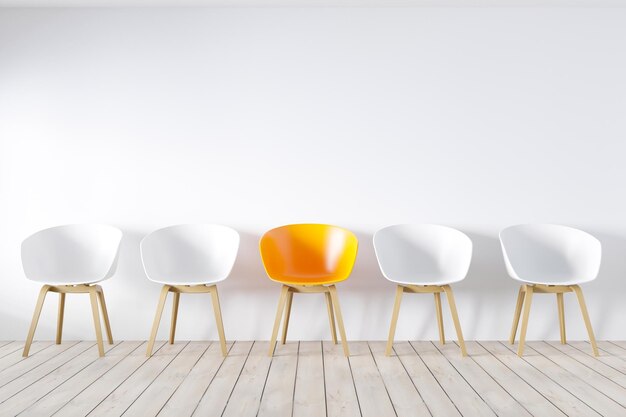 Photo row of chairs with one odd one out job opportunity business leadership recruitment concept