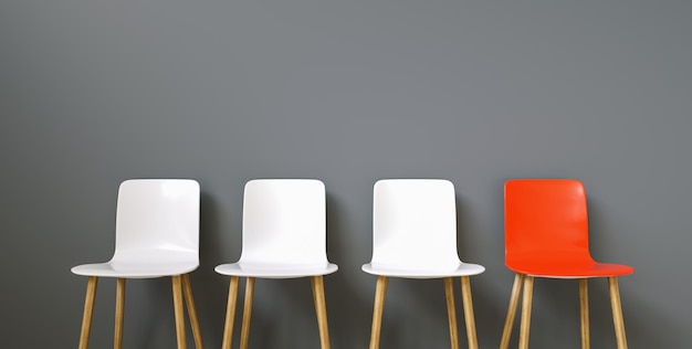 row of chairs with one red job opportunity business leadership recruitment concept
