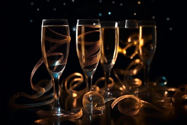 A row of champagne glasses with gold ribbons on a black background.