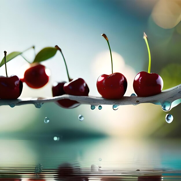 Foto una fila di ciliegie con gocce d'acqua su di loro