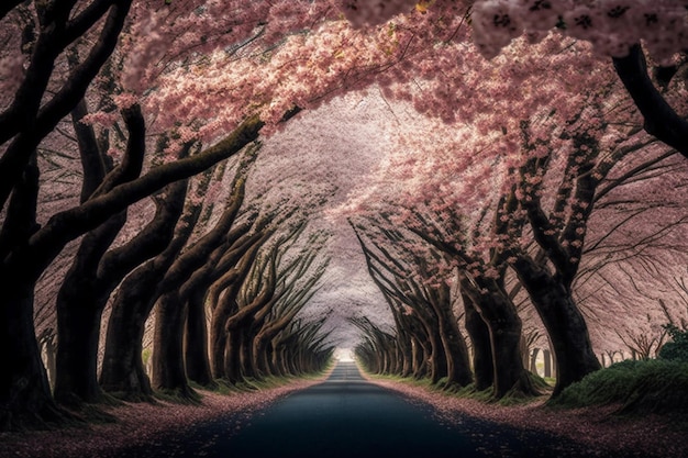 Row of cherry blossom trees in full bloom and treelined road