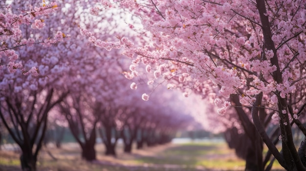 A row of cherry trees with pink flowers in the foreground