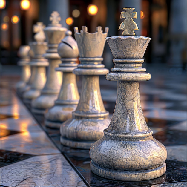 a row of chess pieces with a king on the top