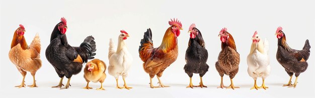 Row of chicken standing isolated on white backgroundPanorama view Generative AI