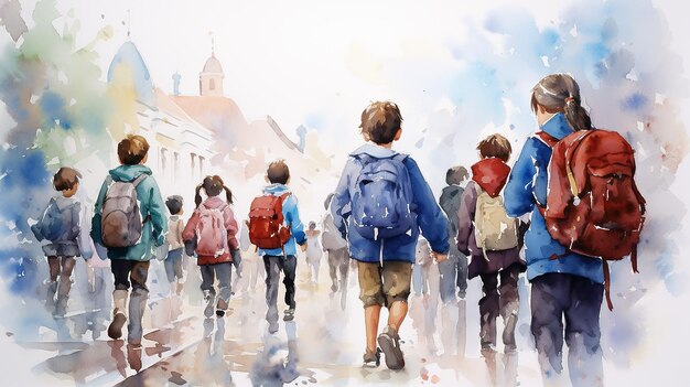 a row of children with backpacks view from the back against a white sky banner poster watercolor painting design back to school camp